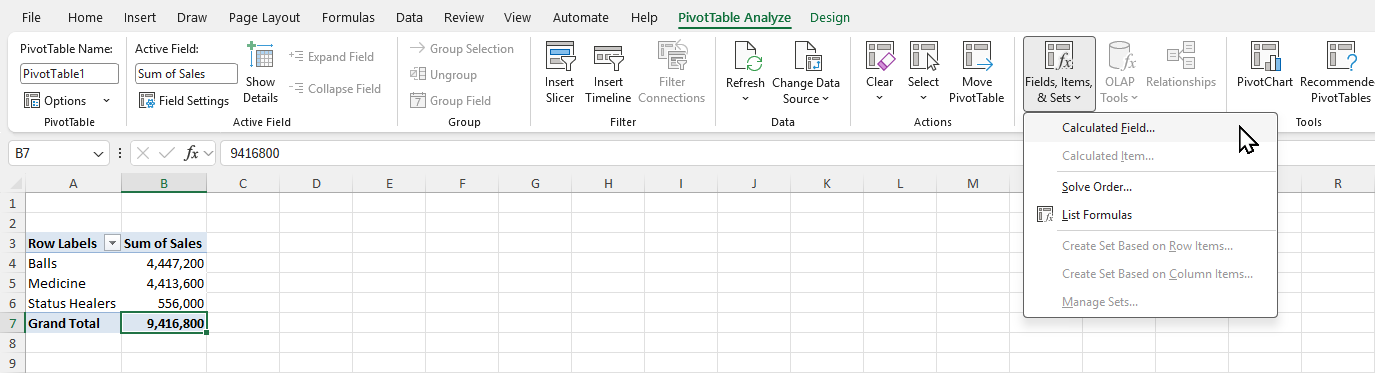 The PivotTable Analyze tab with the Fields, Items, and Sets menu open and Calculated Field highlighted