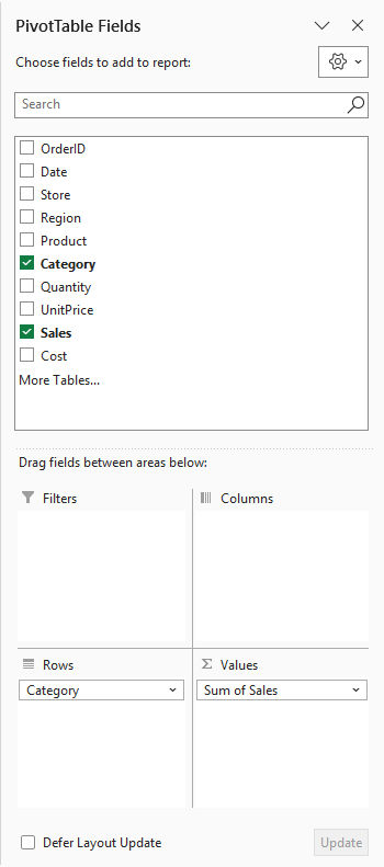 The PivotTable Fields pane with Category in the Rows area and Sum of Sales in the Values area